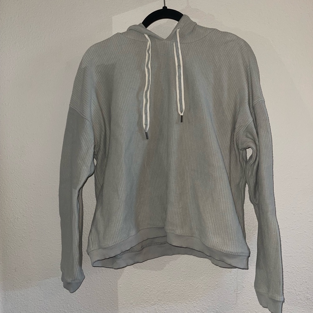 Aerie Sage Pale Green Ribbed Cropped Hooded Sweatshirt Drawstring Size Small